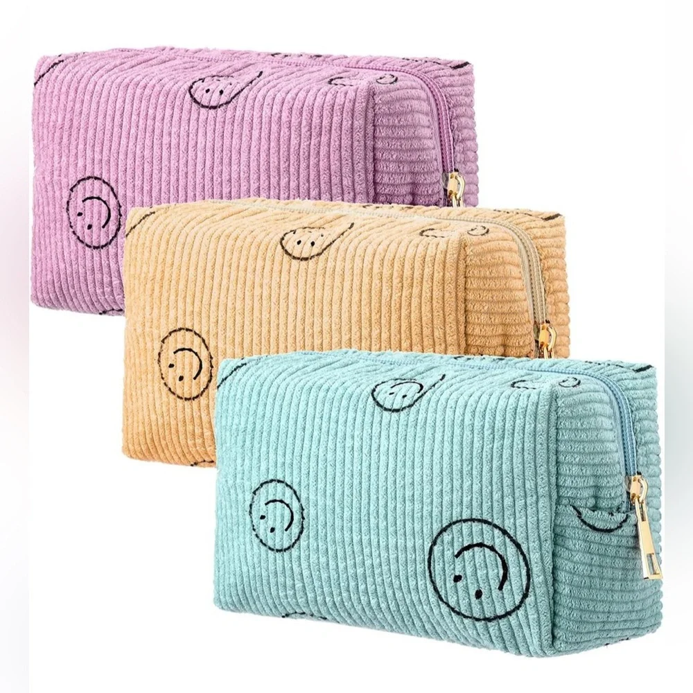 3pc Corduroy Smile Face Makeup Bags Set Preppy Aesthetic Pouches NEW